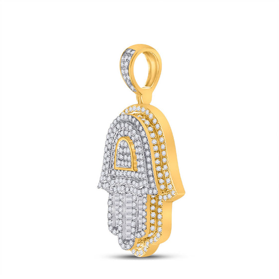10k Yellow Gold Mens Baguette Diamond Hamsa Hand Charm Pendant 1-1/3 Cttw