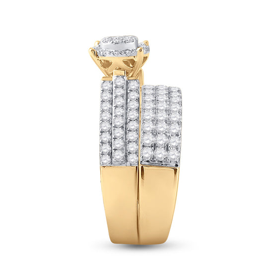 14k Yellow Gold His Hers Round Diamond Cluster Matching Wedding Set 2-5/8 Cttw
