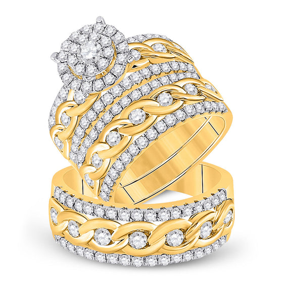 14k Yellow Gold His Hers Round Diamond Halo Matching Wedding Set 2-7/8 Cttw