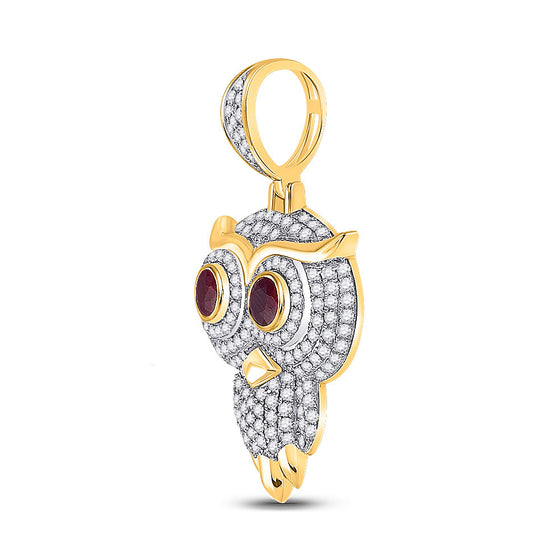 14k Yellow Gold Mens Round Ruby Diamond Owl Bird Charm Pendant 2-5/8 Cttw