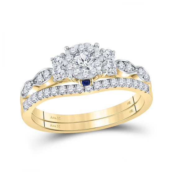 14k Yellow Gold Round Diamond Halo Bridal Wedding Ring Band Set 3/4 Cttw