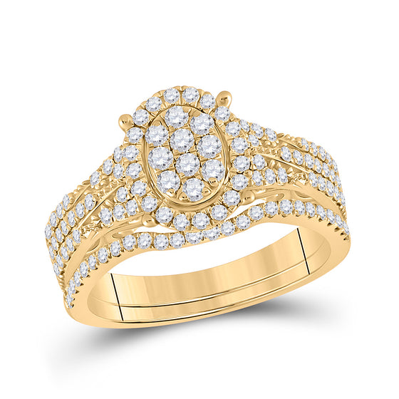 14k Yellow Gold Round Diamond Cluster Bridal Wedding Ring Band Set 7/8 Cttw