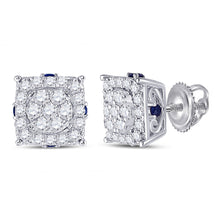  14k White Gold Womens Round Diamond Blue Sapphire Cluster Earrings 1/2 Cttw