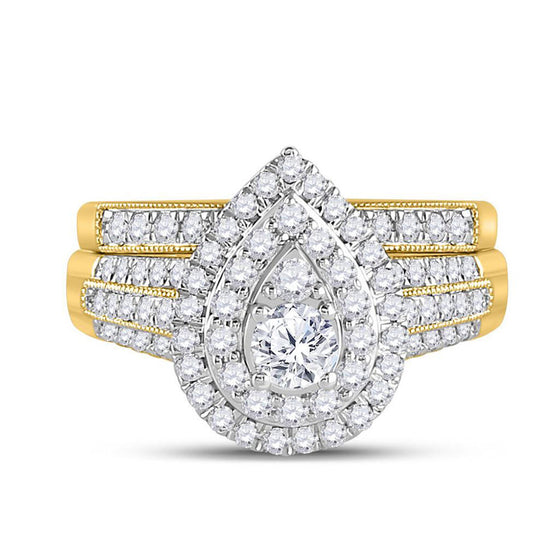 14k Yellow Gold Round Diamond Pear Bridal Wedding Ring Band Set 1 Cttw