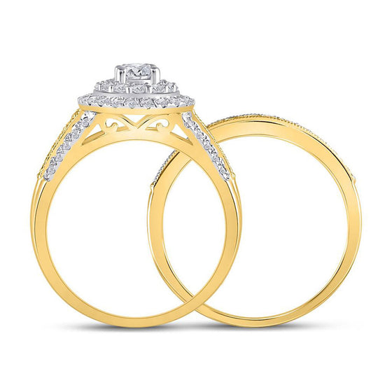 14k Yellow Gold Round Diamond Pear Bridal Wedding Ring Band Set 1 Cttw