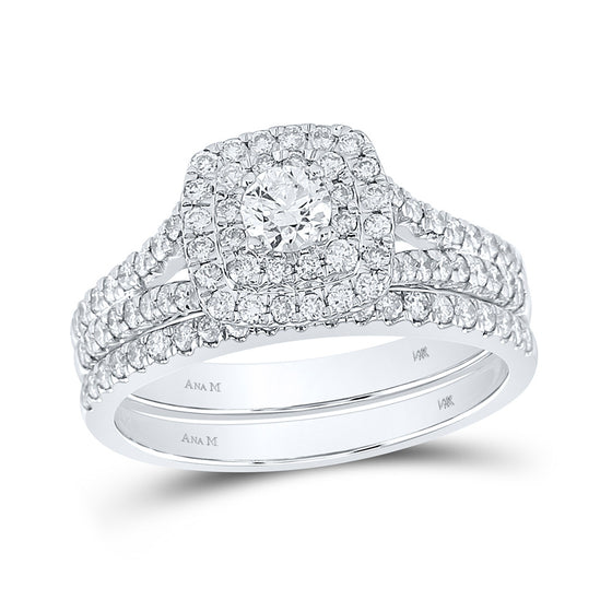 14k White Gold Round Diamond Halo Bridal Wedding Ring Band Set 1 Cttw