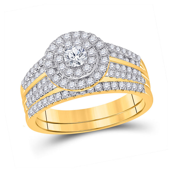 10k Yellow Gold Round Diamond Halo Bridal Wedding Ring Band Set 1 Cttw