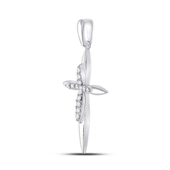10k White Gold Womens Round Diamond Cross Pendant 1/8 Cttw