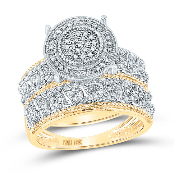 10k Yellow Gold His Hers Round Diamond Cluster Matching Wedding Set 5/8 Cttw