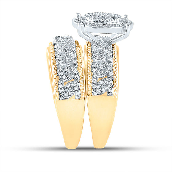 10k Yellow Gold His Hers Round Diamond Cluster Matching Wedding Set 5/8 Cttw