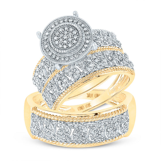 10k Yellow Gold His Hers Round Diamond Cluster Matching Wedding Set 5/8 Cttw
