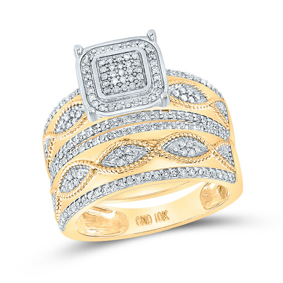 10k Yellow Gold His Hers Round Diamond Square Matching Wedding Set 3/4 Cttw