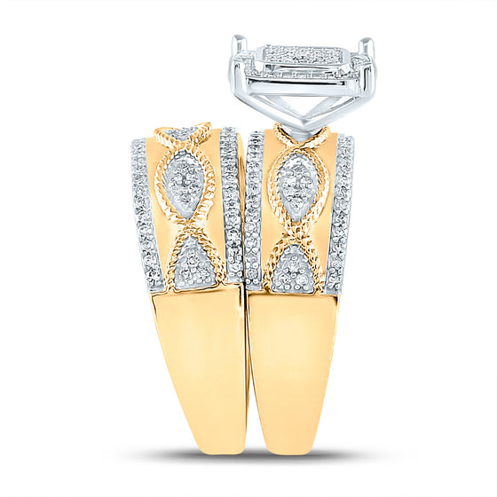 10k Yellow Gold His Hers Round Diamond Square Matching Wedding Set 3/4 Cttw