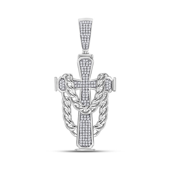 10k White Gold Mens Round Diamond Cross Charm Pendant 3/8 Cttw