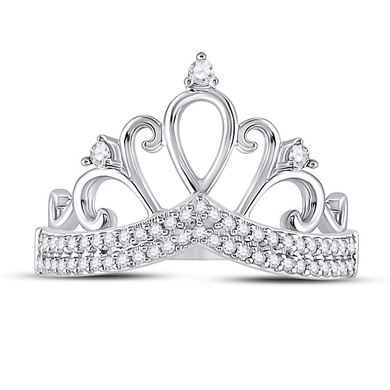 10k White Gold Womens Round Diamond Crown Tiara Fashion Ring 1/5 Cttw