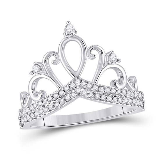 10k White Gold Womens Round Diamond Crown Tiara Fashion Ring 1/5 Cttw