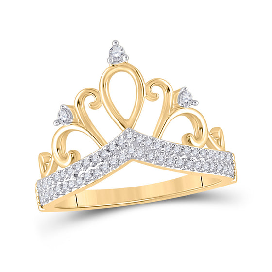10k Yellow Gold Womens Round Diamond Crown Tiara Fashion Ring 1/5 Cttw