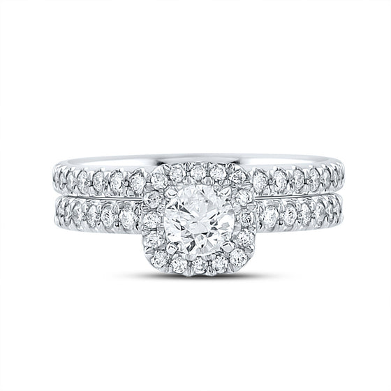 14k White Gold Round Diamond Halo Bridal Wedding Ring Band Set 1-1/5 Cttw