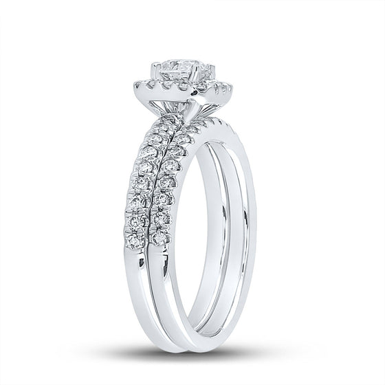 14k White Gold Round Diamond Halo Bridal Wedding Ring Band Set 1-1/5 Cttw