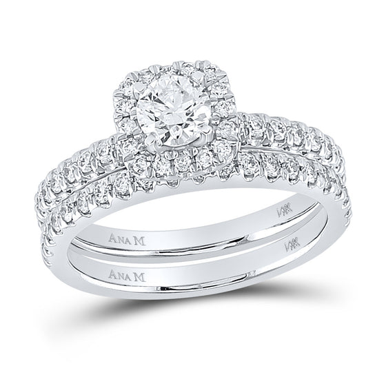 14k White Gold Round Diamond Halo Bridal Wedding Ring Band Set 1-1/5 Cttw