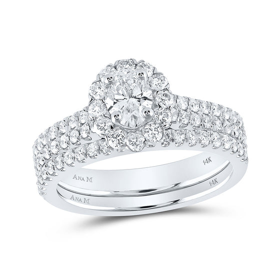 14k White Gold Oval Diamond Bridal Wedding Ring Band Set 1-1/2 Cttw