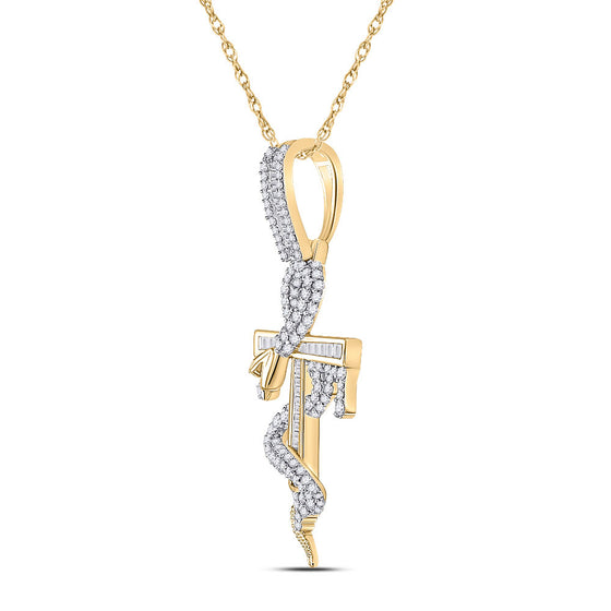 10k Yellow Gold Mens Baguette Diamond Snake Ankh Cross Charm Pendant 1-1/5 Cttw