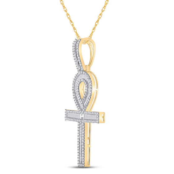 10k Yellow Gold Mens Baguette Diamond Ankh Cross Charm Pendant 1-5/8 Cttw