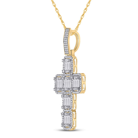 10k Yellow Gold Mens Baguette Diamond Cross Charm Pendant 1-7/8 Cttw