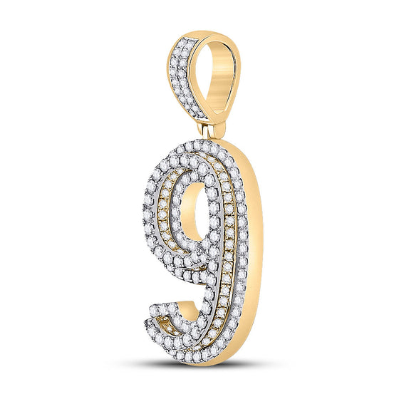 10k Yellow Gold Mens Round Diamond Number 9 Charm Pendant 1-5/8 Cttw