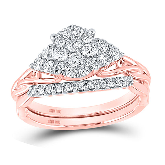 10k Rose Gold Round Diamond Cluster Bridal Wedding Ring Band Set 5/8 Cttw