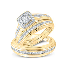  10k Yellow Gold His Hers Round Diamond Halo Matching Wedding Set 7/8 Cttw