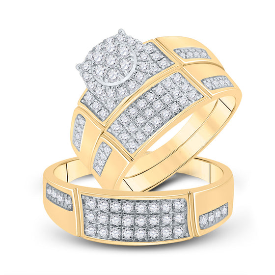 14k Yellow Gold His Hers Round Diamond Cluster Matching Wedding Set 1 Cttw