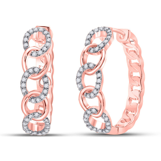 10k Rose Gold Womens Round Diamond Cuban Curb Link Hoop Earrings 1/5 Cttw