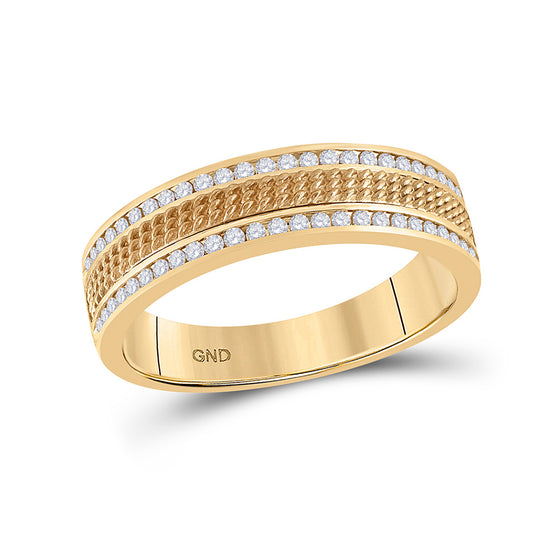 14k Yellow Gold Mens Round Diamond Wedding Textured Band Ring 1/3 Cttw