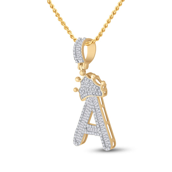 10k Yellow Gold Mens Baguette Diamond Crown A Letter Charm Pendant 7/8 Cttw