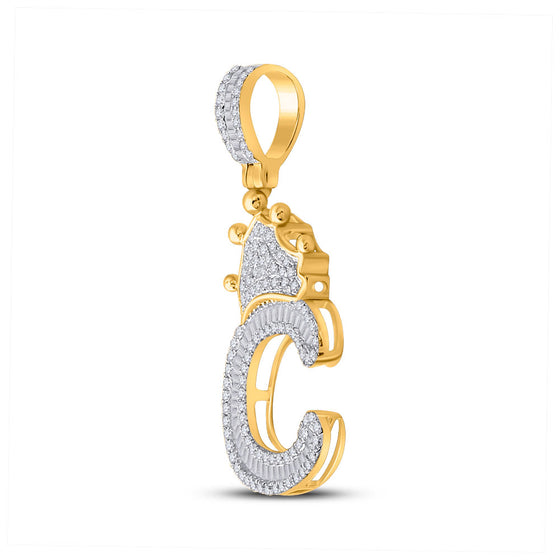 10k Yellow Gold Mens Baguette Diamond Crown C Letter Charm Pendant 5/8 Cttw
