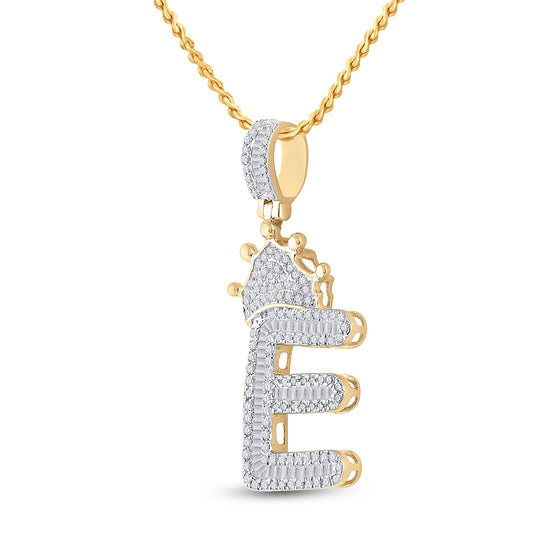 10k Yellow Gold Mens Baguette Diamond Crown E Letter Charm Pendant 3/4 Cttw