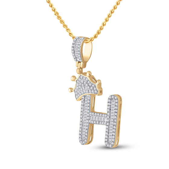 10k Yellow Gold Mens Baguette Diamond Crown H Letter Charm Pendant 5/8 Cttw