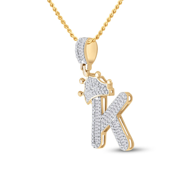 10k Yellow Gold Mens Baguette Diamond Crown K Letter Charm Pendant 5/8 Cttw
