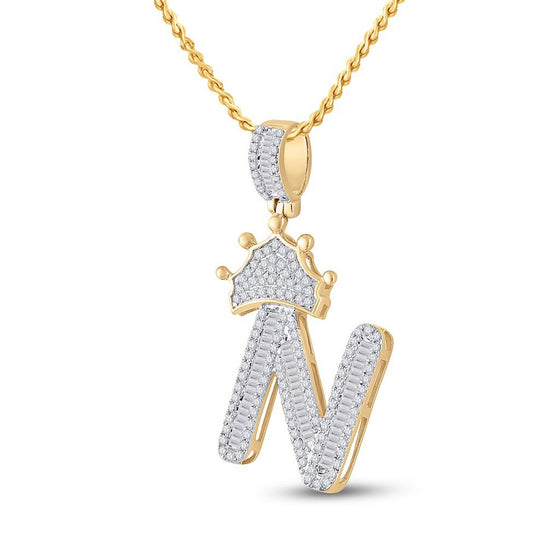10k Yellow Gold Mens Baguette Diamond Crown N Letter Charm Pendant 3/4 Cttw