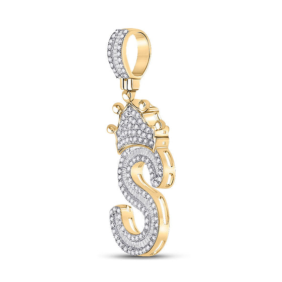 10k Yellow Gold Mens Baguette Diamond Crown S Letter Charm Pendant 3/4 Cttw