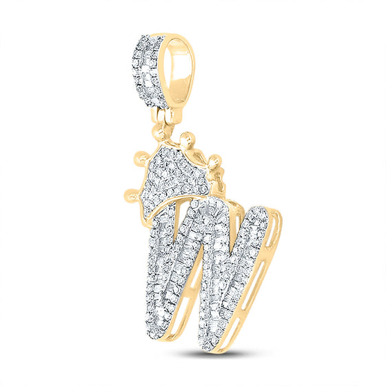 10k Yellow Gold Mens Baguette Diamond Crown W Letter Charm Pendant 7/8 Cttw