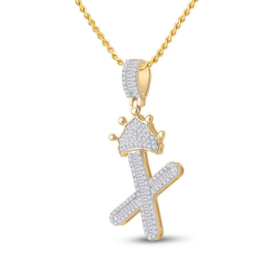 10k Yellow Gold Mens Baguette Diamond Crown X Letter Charm Pendant 5/8 Cttw