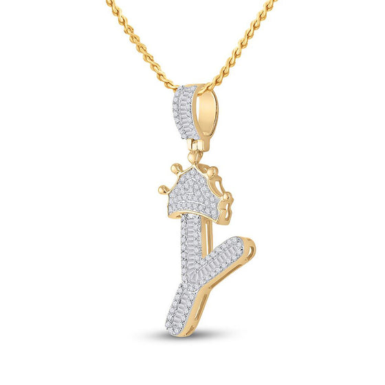 10k Yellow Gold Mens Baguette Diamond Crown Y Letter Charm Pendant 1/2 Cttw