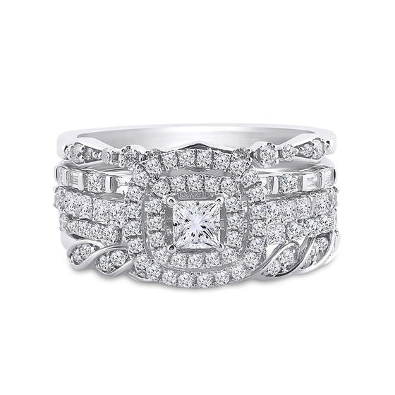 14k White Gold Princess Diamond Bridal Wedding Ring Band Set 1-1/3 Cttw