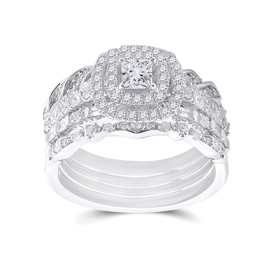14k White Gold Princess Diamond Bridal Wedding Ring Band Set 1-1/3 Cttw
