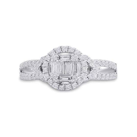 14k White Gold Womens Baguette Diamond Halo Ring 3/4 Cttw