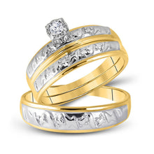  10k Yellow Gold His Hers Round Diamond Solitaire Matching Wedding Set 1/20 Cttw