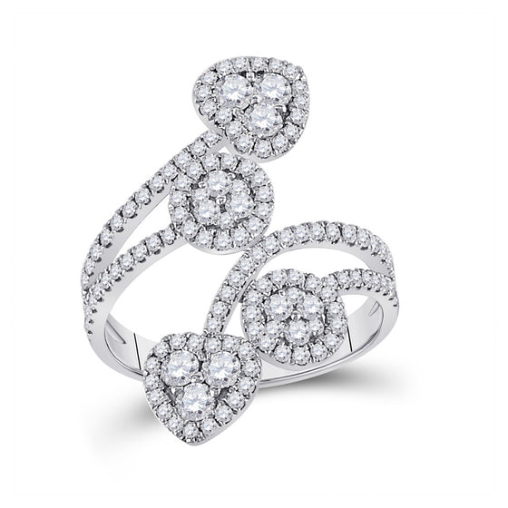 14k White Gold Womens Round Diamond Bypass Cluster Heart Ring 1-1/4 Cttw
