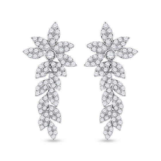 14k White Gold Womens Round Diamond Leaf Dangle Earrings 1-1/5 Cttw